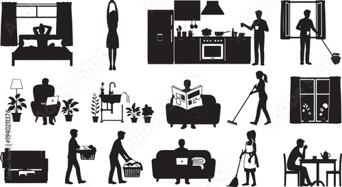 A collection of black and white silhouette illustrations depicting various everyday domestic activities including cleaning, reading, and household tasks, suitable for conceptual use.
