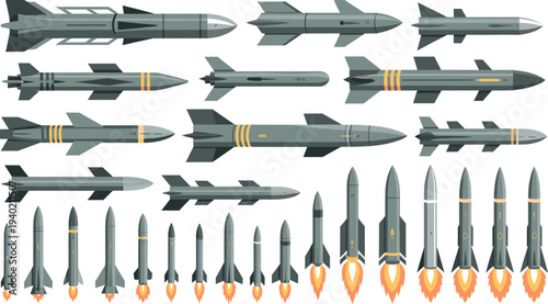 Collection of military missiles rockets and ballistic weapons with launch flames isolated on white background modern defense technology vector illustration set