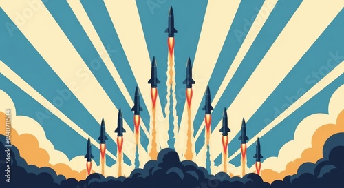 Symmetrical array of ballistic missiles launching with Iranian flag symbol