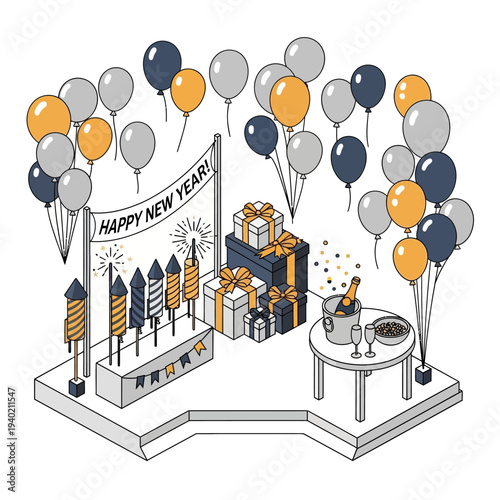 New Year's celebration with balloons, gifts, and champagne.