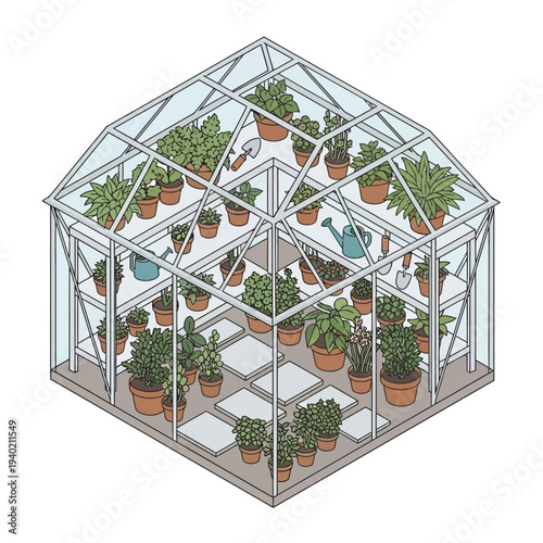 Isometric illustration of a greenhouse with potted plants and transparent roof.