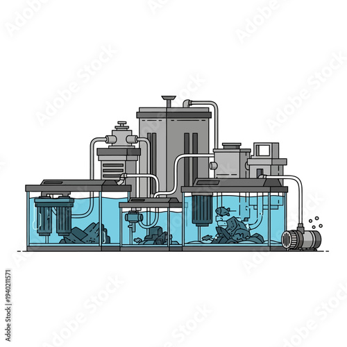 Aquaculture system with fish tanks and water treatment infrastructure.