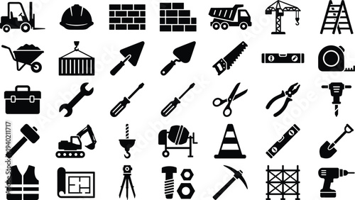 Construction tools and building equipment icons collection including crane truck helmet hammer drill wrench brick trowel safety vest vector set isolated on white