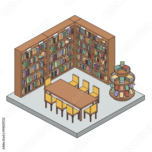 Isometric illustration of a library with bookshelves and reading table.