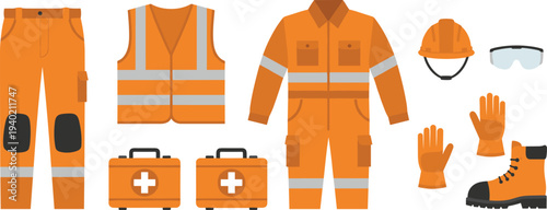 Construction safety equipment and worker protective clothing set, hard hat, gloves, boots, vest and uniform vector illustration for industrial workplace protection concept