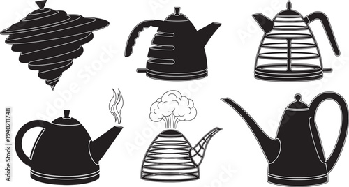 Black and white of various teapots and a tornado kettle kitchenware