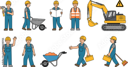 Construction worker cartoon characters with tools and machinery set, builders with helmet, wheelbarrow, excavator and equipment vector illustration for building industry concept