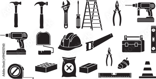 A diverse collection of black silhouette icons featuring essential construction tools, safety gear, and building materials, perfect for renovation, DIY, and repair project design.