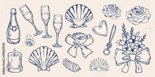Sketch of champagne shells roses and celebratory items in a composition