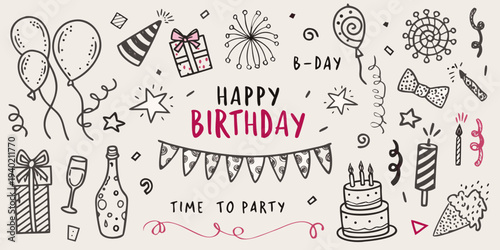 Hand drawn birthday elements including balloons cake and celebratory decorations