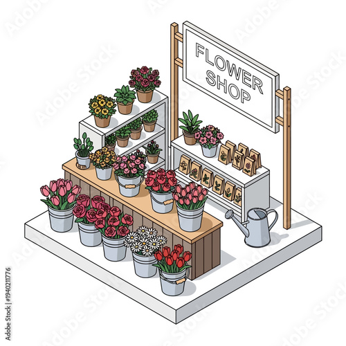 Flower shop stall with various potted plants and flowers for sale.