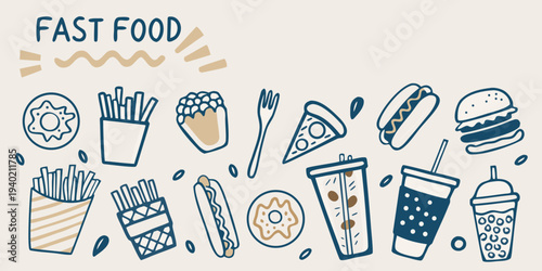 Colorful illustration of various fast food items including burgers and fries