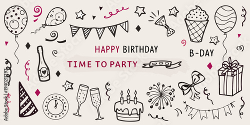 A playful doodle illustration celebrating a happy birthday and party time