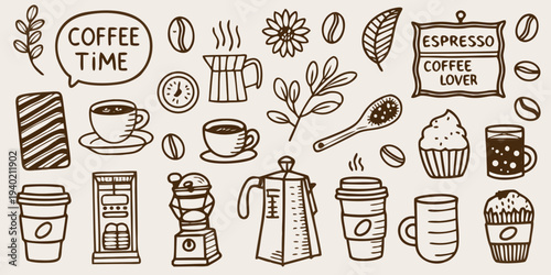 Coffee themed doodle set with various brewing methods and accessories