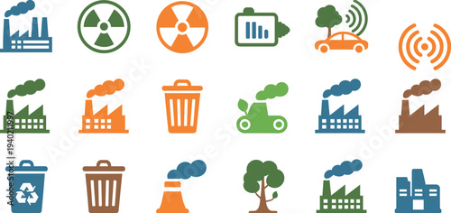Environmental pollution and recycling flat icons set, factory emissions, radioactive symbol, electric car, trash bin and trees vector illustration for ecology sustainability concept