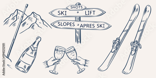 Skiing themed sketch featuring signs skis champagne and mountain views