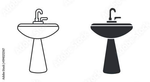 Bathroom sink icon set, wash basin with faucet plumbing fixture, in outline and solid silhouette style. Vector illustration.