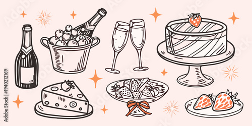 Celebratory illustration featuring champagne cake and fresh strawberries