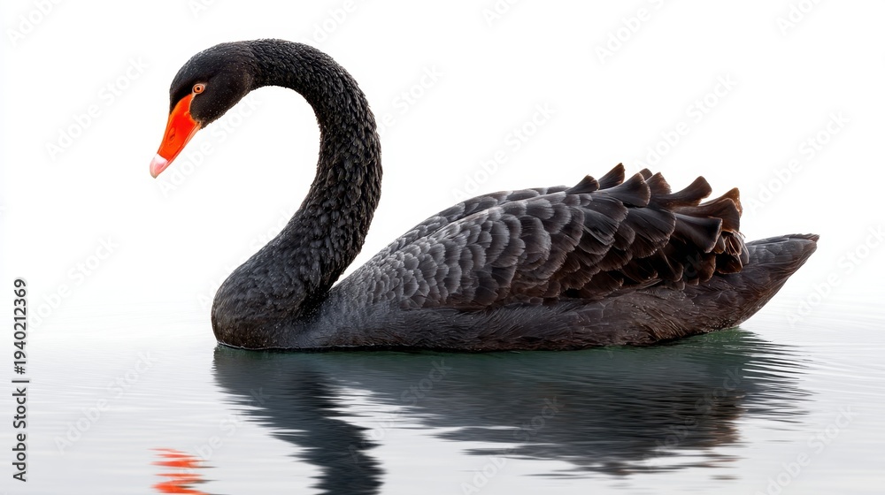 Obraz premium Black swan swimming on water surface. Elegant bird with dark feathers and bright red beak isolated on white background. Symbol of grace, beauty and nature in wildlife concept.