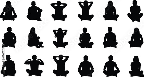 Meditation people silhouettes sitting in lotus yoga pose set, men and women practicing mindfulness and relaxation isolated vector illustration for wellness and fitness design