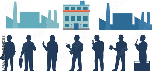 Industrial factory workers silhouette illustration, manufacturing plant background, construction labor team vector design, industry workforce concept,
