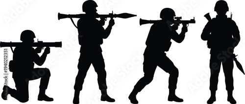 Military soldier silhouettes with rocket launcher weapons, army combat poses set, tactical infantry action figures isolated vector illustration for defense, security, war concept design