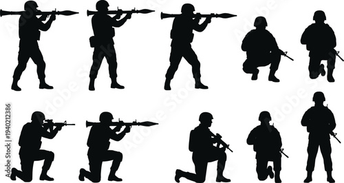Military soldier silhouettes with rocket launcher and rifle poses, army combat action set, tactical infantry figures isolated vector illustration for defense, security training design