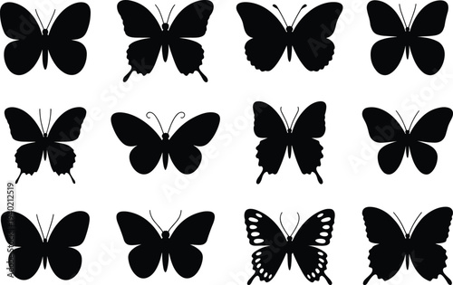 Butterfly silhouettes, insect diversity, wing shapes, antenna styles, entomology illustration, nature design, black and white art, decorative pattern, wildlife concept, morphology study