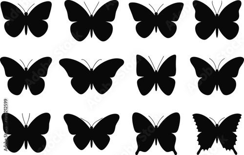 Butterfly silhouettes, insect diversity, wing variations, antenna styles, entomology illustration, nature design, black and white art, decorative pattern, wildlife concept, morphology study