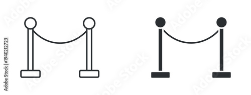 Queue barrier icon set, crowd control stanchion rope barrier, in outline and solid silhouette style. Vector illustration.