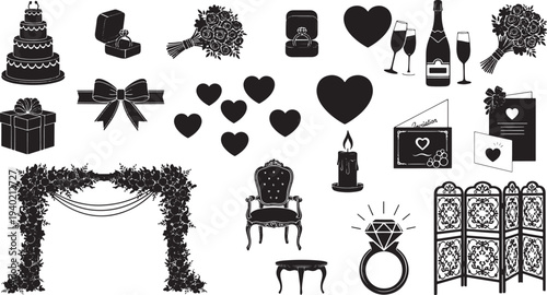 A comprehensive silhouette icon set for wedding planning and celebrations, featuring elements like cake, rings, floral arrangements, champagne, and an arch, perfect for graphic design.