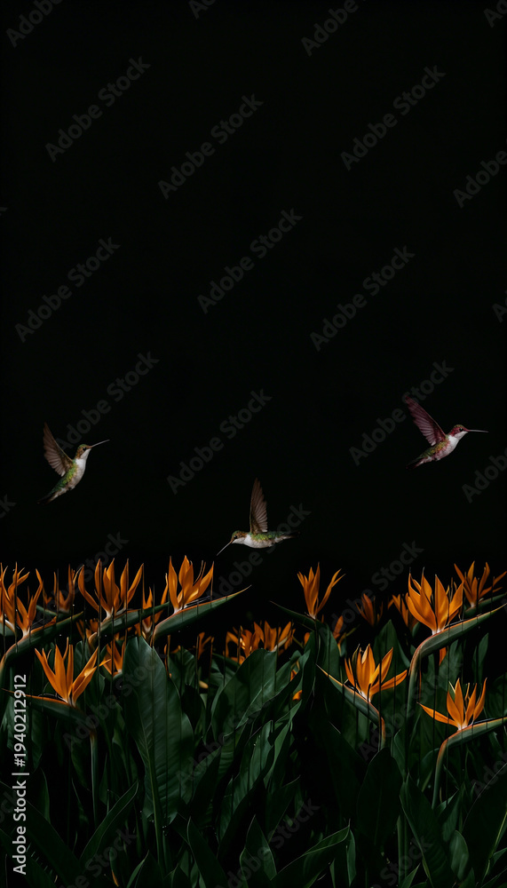 Fototapeta premium Strelitzia flowers and hummingbirds behind ripple glass distortion texture on black background. Dark, beautiful, low key, exotic, bloom backdrop design. Bird of Paradise blossom. Copy space 