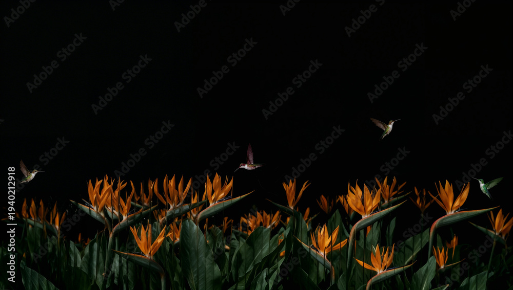 Fototapeta premium Strelitzia flowers and hummingbirds behind ripple glass distortion texture on black background. Dark, beautiful, low key, exotic, bloom backdrop design. Bird of Paradise blossom. Copy space 