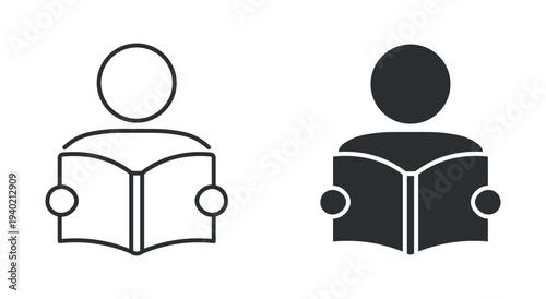 Reading book icon set, person reading open book symbol, in outline and solid silhouette style. Vector illustration.