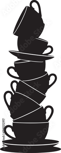 Stacked black tea cups and saucers white background