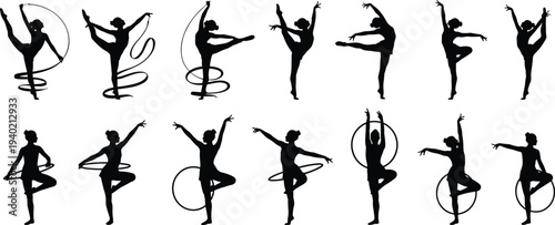 Rhythmic gymnastics athlete silhouettes performing ribbon and hoop routines, elegant sport dance poses set, female gymnast vector illustration isolated for fitness training design