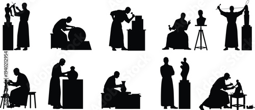 Sculptor artist silhouettes creating statues and pottery in workshop, traditional sculpture craft process set, artisan carving and modeling figures vector illustration