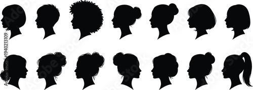 Women hairstyle silhouette collection with different female haircuts and profiles, modern hair style set isolated vector illustration for beauty, salon, fashion design