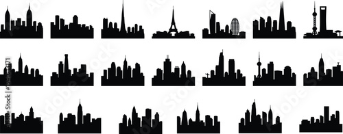 World city skyline silhouettes collection with famous landmarks and skyscrapers, urban architecture panorama set isolated vector illustration for travel, tourism, cityscape design