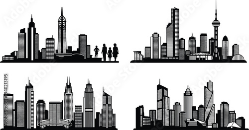 Urban city skyline silhouettes with skyscrapers and landmark buildings, modern downtown architecture panorama set isolated vector illustration for travel, tourism, metropolitan cityscape design