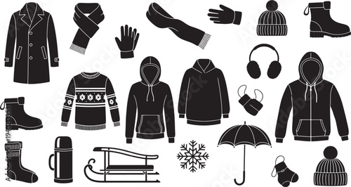A silhouette collection of winter clothing and accessories, including coats, scarves, hats, gloves, boots, a sled, umbrella, snowflakes, and a thermos, perfect for seasonal design and e-commerce.