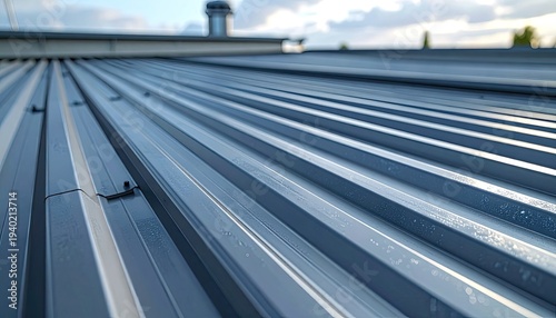 Close-up view of a corrugated metal roof under a bright sky.