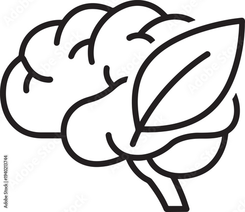 Black line brain with leaf line black white background symbol