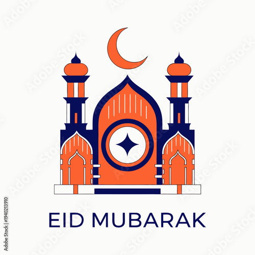 Ramadan Kareem Eid Mubarak Greeting with Islamic Mosque and Crescent Moon Illustration