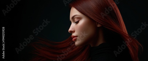 Elegant beauty portrait featuring a woman with vibrant red hair in studio lighting.