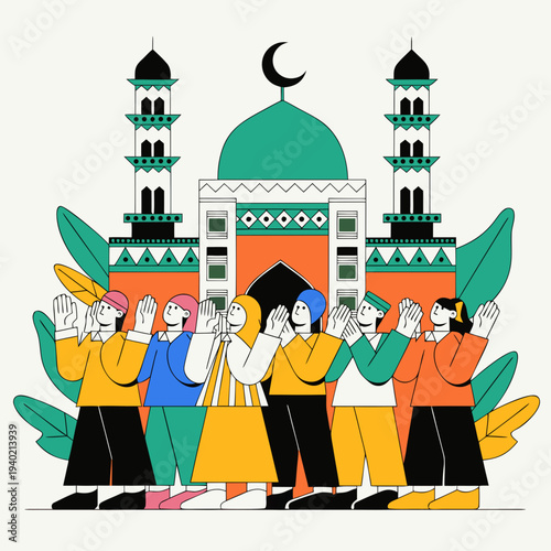 Islamic mosque with diverse group of people praying and raising hands in celebration or supplication