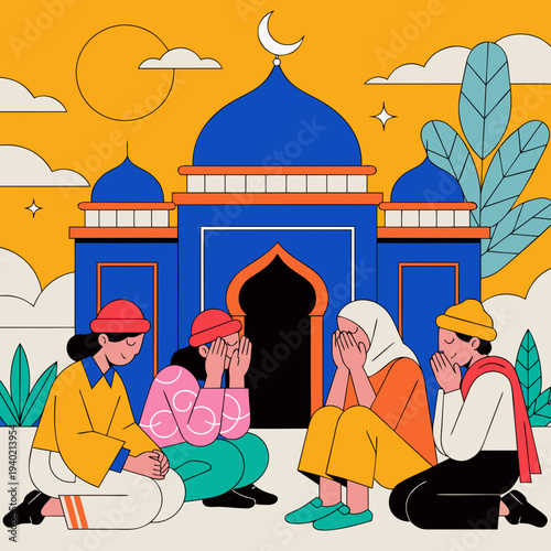 Islamic people praying in front of a mosque during Ramadan celebration