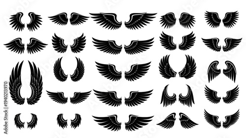 Collection of various black angel wings in different styles