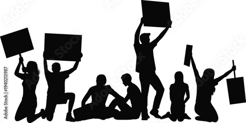 Protest silhouettes, group activists, demonstration scene, people holding signs, political rally, social movement, activism illustration, public voice, freedom expression, collective action art