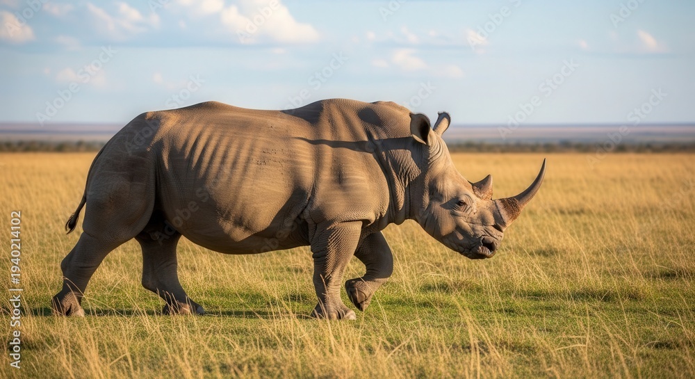 Fototapeta premium Majestic Rhinoceros Grazing in Open Grassland Under Clear Sky